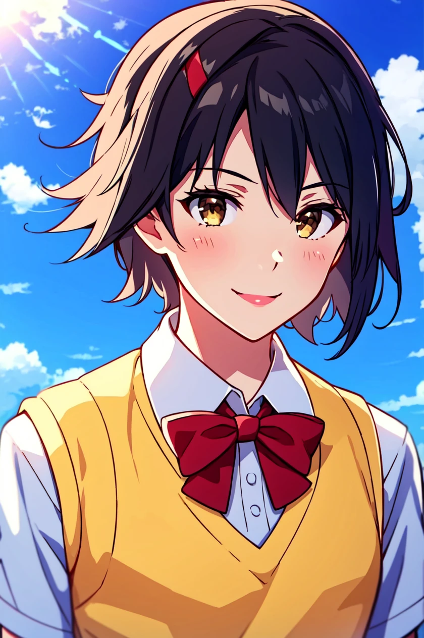 shinkai makoto, kimi no na wa., 1girl, bangs, black hair, blue sky, blush, bow, bowtie, brown eyes, cloud, collared shirt, hair ribbon, hairband, looking at viewer, negative space, outdoors, red bow, red bowtie, red hairband, red ribbon, ribbon, school uniform, shirt, short hair, sky, smile, solo, sweater vest, upper body, vest, white shirt, yellow sweater vest, yellow vest