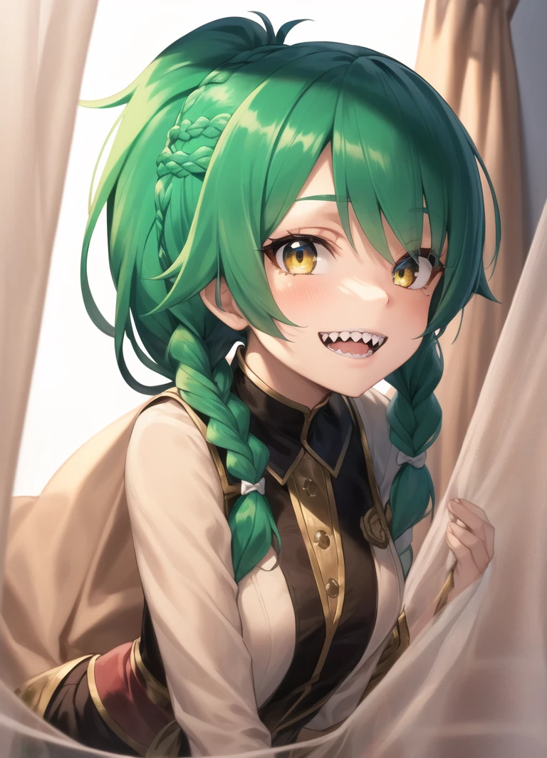 best quality, close-up, face portrait, sharp teeth, teeth, 1girl, determined, grin, solo, looking at viewer, white eyes, long eyelashes, deep detailed eyes, (split ponytail, multiple braids, curtain Bangs:1.3), green hair, hair ornament