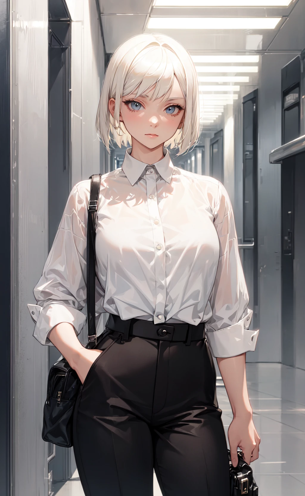 masterpiece, best quality, 1girl, short hair, platinum blonde hair, shirt, trousers