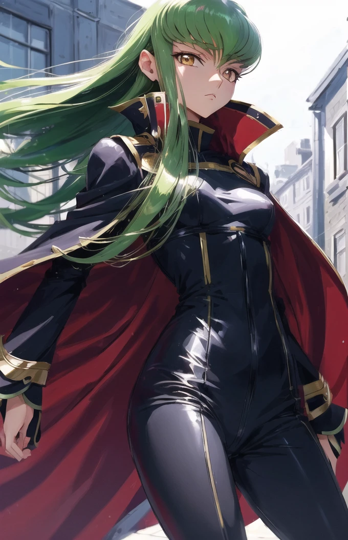 c.c.,  (expressionless, cowboy shot:1.4), code geass, geass, 
(masterpiece, best quality, ultra-detailed, best shadow), (beautiful detailed face, beautiful detailed eyes),
green hair, orange eyes, 
(black bodysuit, zero suit:1.1), black and red cape, zero \(code geass\), zero mask, 
mksks style, beautiful background, outdoors, landscape with form