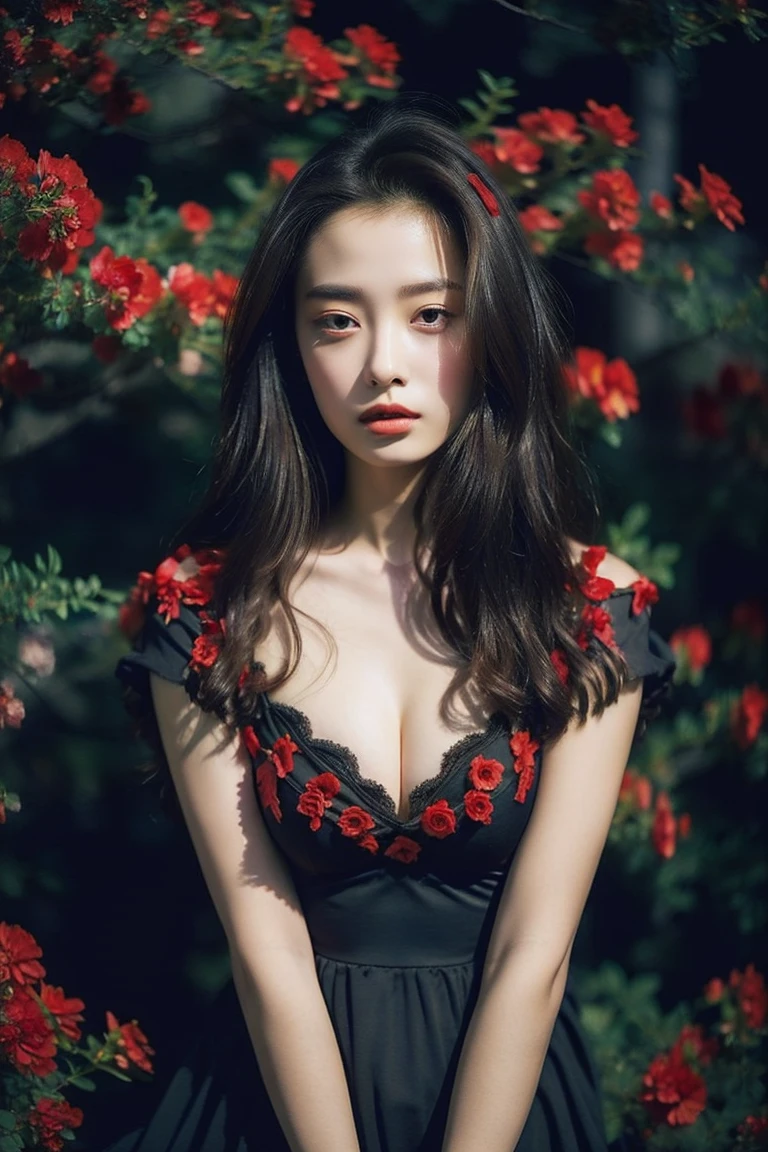dark theme , (best quality, masterpiece:1.2), 18yo girl in garden, black cleavage dress, (red flowers mess in background:1.3)
