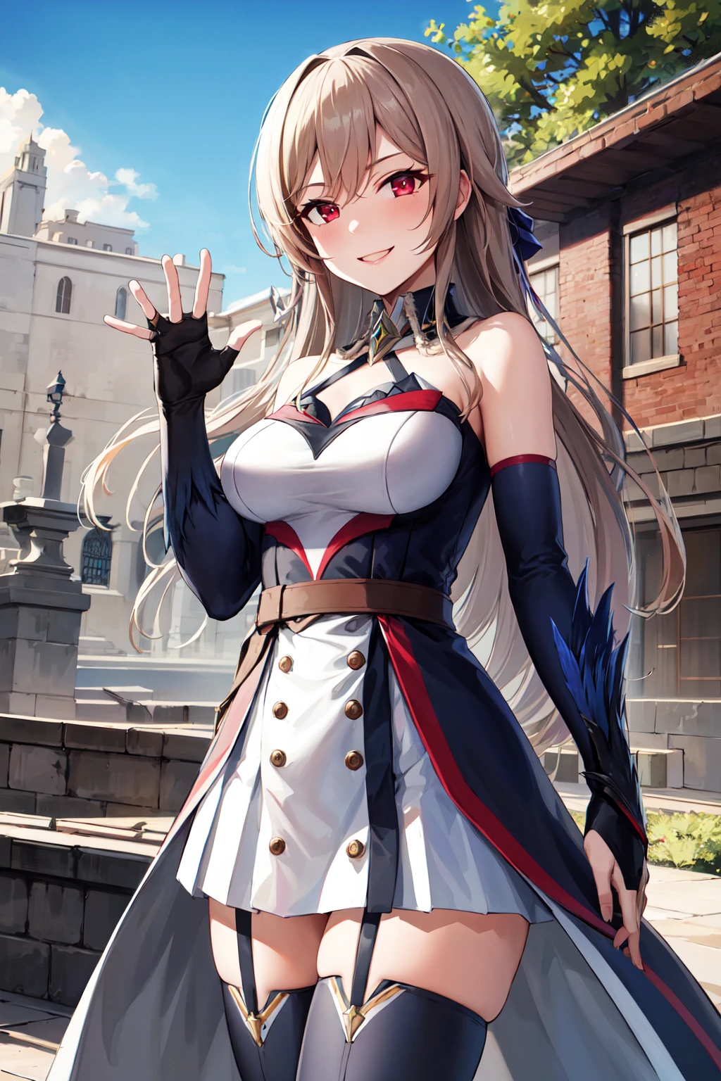 masterpiece, best quality, highres, fel1, bridal gauntlets, black thighhighs, bare shoulders, belt, garter straps, white dress, elbow gloves, <lora:furen_e_lustario_v10:0.7>, outdoors, cowboy shot, waving, smile