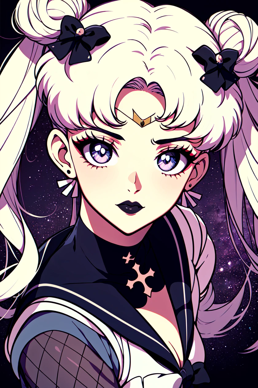 masterpiece, best quality, 1girl, gothic, black lips, solo, black hair, makeup, twin tails, hair buns, sailor moon, multicolored hair, white hair, bangs, eyeshadow, cross, hair bow, bow, lipstick, two-tone hair, fishnets, mascara, black background, hair ornament