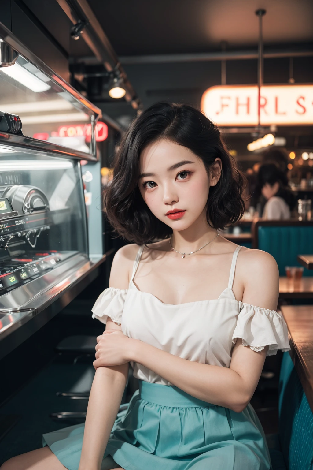 1girl dressed in a 1950s-inspired dress, complete with a full skirt and petticoat, her hair styled in classic pin curls. She should be seated at an old-fashioned diner, surrounded by vintage details like a jukebox, chrome accents, and neon signs. Her eyes should be sparkling with excitement, her skin flawless and glowing under the soft, dramatic lighting. This scene should be captured on 35mm film, with a beautiful depth of field and a slightly blurry, nostalgic background,
filmg, <lora:FilmG4:0.7>