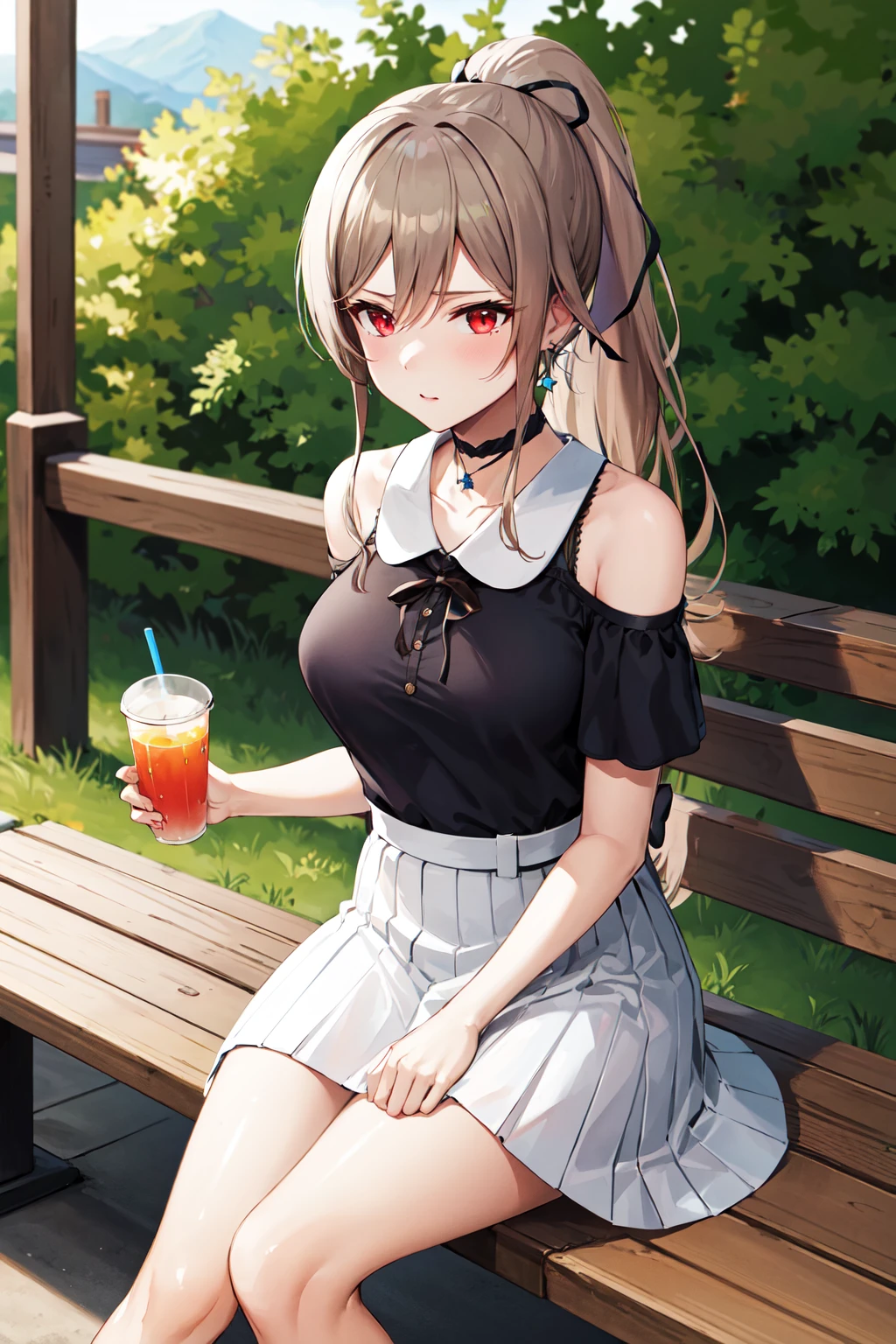 masterpiece, best quality, highres,fel1, white skirt, black shirt, hair ribbon, jewelry, ponytail, black choker, collarbone, bare shoulders, earrings, short sleeves, <lora:furen_e_lustario_v10:0.7>, outdoors, sitting, bench, juice, cup
