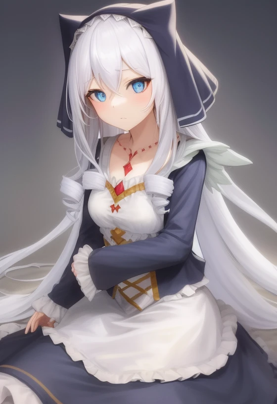 <lora:Eris-01:1>,masterpiece, best quality, 1girl,solo,Eris,blue eyes,long sleeves,dress, hair between eyes, jewelry, very long hair, collarbone, white hair, frills, necklace, frilled sleeves, nun,