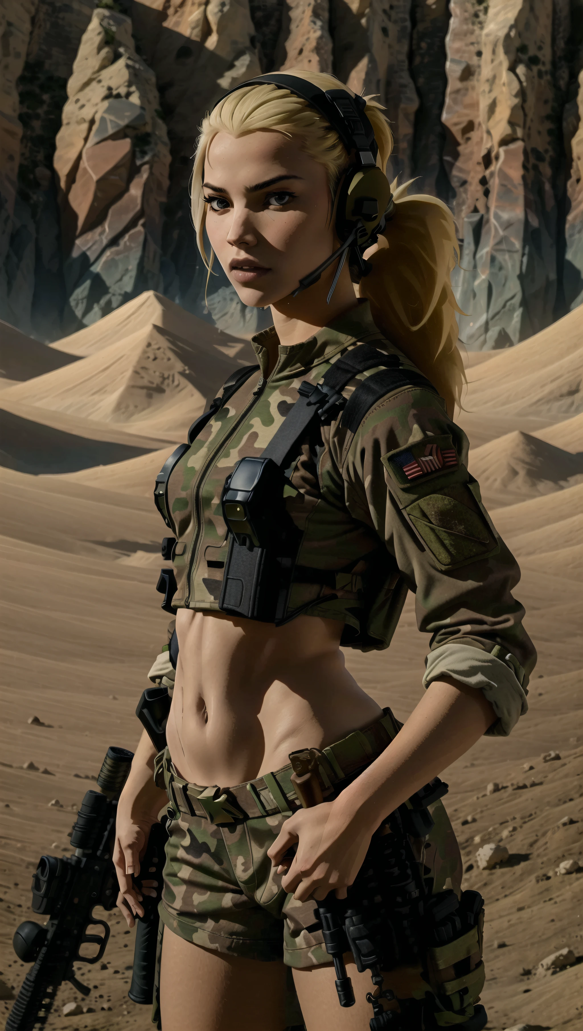 (cowboy shot), sfw, (masterpiece), (best quality:1.0), (ultra highres:1.0), detailed eyes
BREAK
<lora:ArtemisYJ-000009:0.7>ArtemisYJ, 1girl, ponytail
<lyco:epTactical1:0.8> holding, weapon, shorts, midriff, holding weapon, gun, military, headphones, holding gun, rifle, handgun, headset, realistic, assault rifle, camouflage, m4 carbine, load bearing vest,wearing epTactical
BREAK
(desert, oasis, outdoors, gorgeous view)