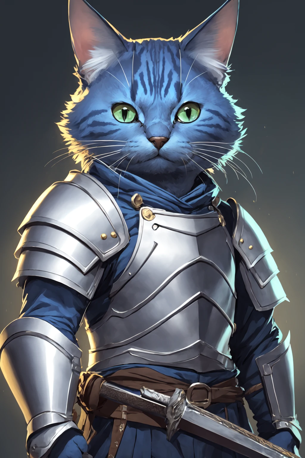 <lora:c4ttitudev2-000003:0.8> c4ttitude, swordman, blue cat, armor