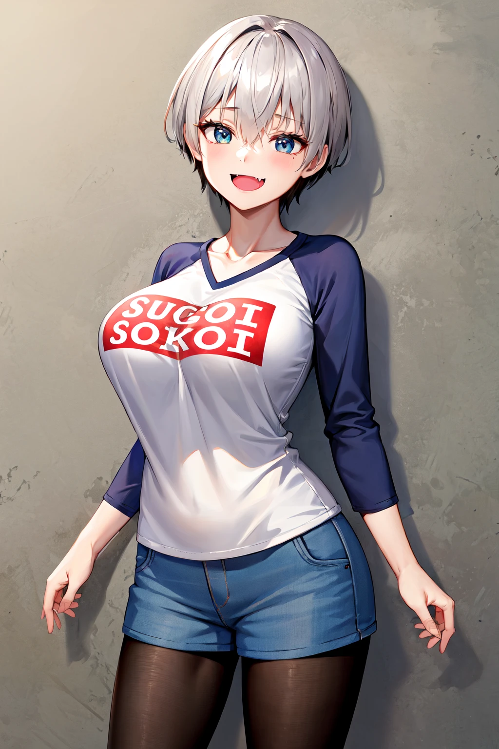 masterpiece, best quality, highres, uh1, shirt, raglan sleeves, romaji text, clothes writing, collarbone, long sleeves, denim shorts, pantyhose, fang, <lora:uzaki_hana:0.7>, cowboy shot, standing, smile