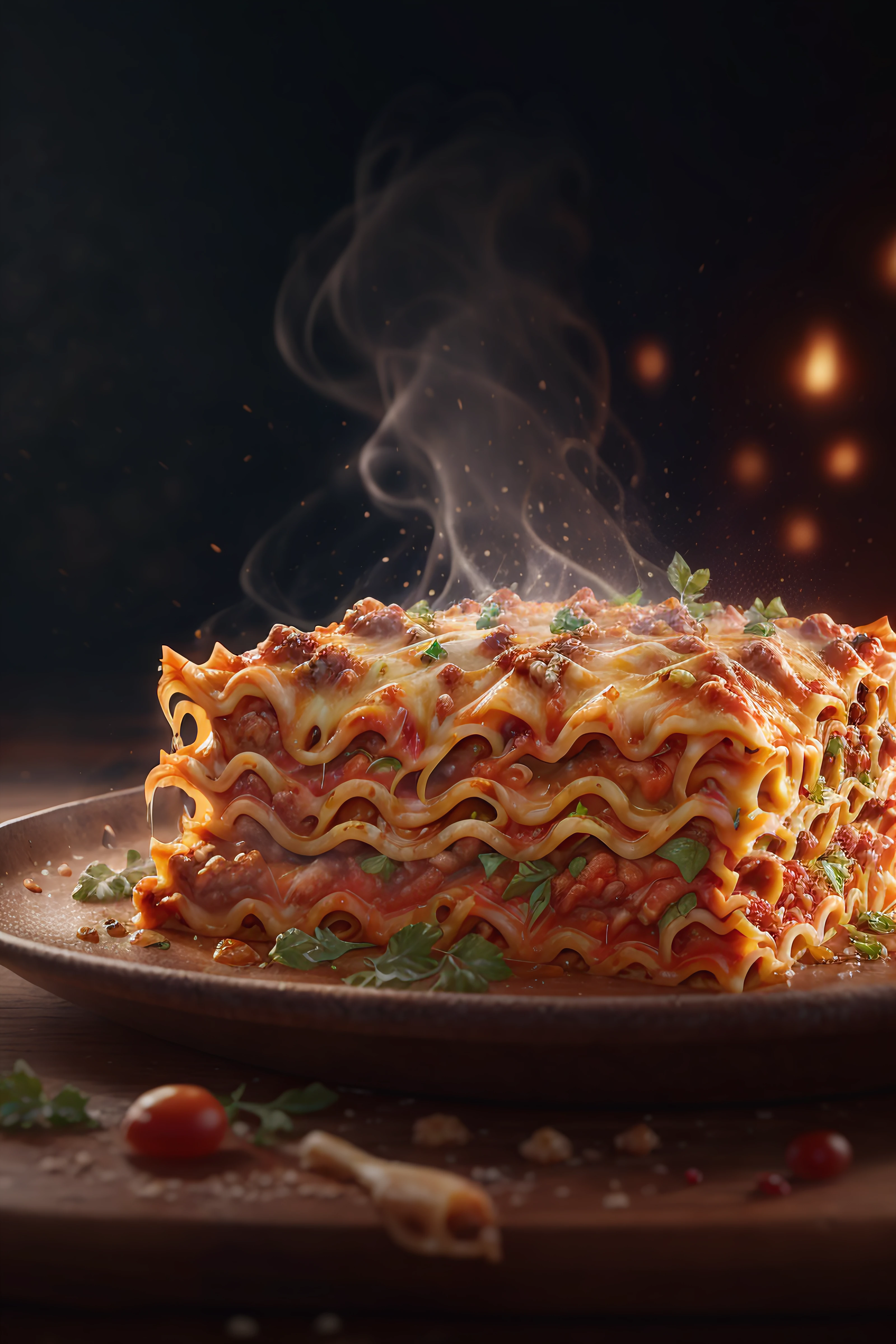 lasagna, highly stylized, 4k, unreal engine 5 render, food art, food photography, realistic render, smoke, mist, dramatic lighting, cinematic lighting, rule of thirds, depth of field, cinematic bloom, art by fodm4st3r <lyco:fodm4st3r:0.6>
