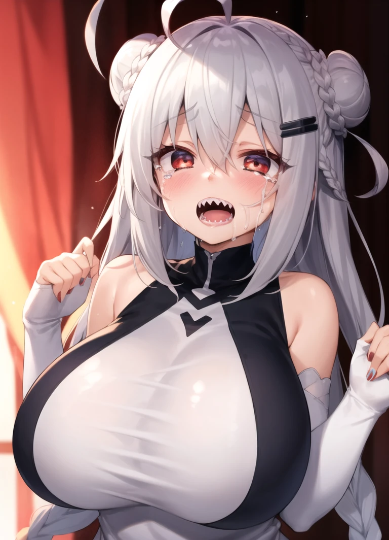 best quality, cowbot shot, waist shot, sharp teeth, teeth, 1girl, sobbing, open mouth, solo, looking at viewer, red eyes, long eyelashes, deep detailed eyes, (one side up, braided bun, huge ahoge:1.3), grey hair, hair ornament
