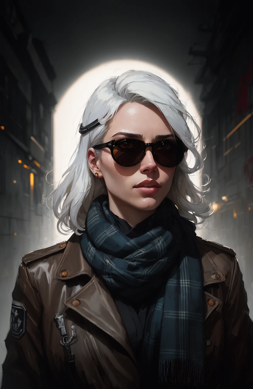 (dark shot:1.1), epic realistic, portrait of halo, sunglasses, blue eyes, tartan scarf, white hair by atey ghailan, by greg rutkowski, by greg tocchini, by james gilleard, by joe fenton, by kaethe butcher, gradient yellow, black, brown and magenta color scheme, grunge aesthetic!!! graffiti tag wall background, art by greg rutkowski and artgerm, soft cinematic light, adobe lightroom, photolab, hdr, intricate, highly detailed, (depth of field:1.4), faded, (neutral colors:1.2), (hdr:1.4), (muted colors:1.2), hyperdetailed, (artstation:1.4), cinematic, warm lights, dramatic light, (intricate details:1.1), complex background, (rutkowski:0.66), (teal and orange:0.4)