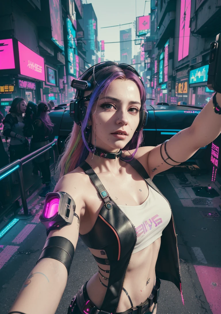 analog style, model shoot style, photo ((selfie:1.8)) of a girl, 1girl, (cyberpunk:1.8, cyberpunk city background:1.8), ((cutest face: 1.8, perfect face:1.3)), (long multicolored hair:1.4, pale skin:1.5),
(from above:1.2), best quality, epic (by lee jeffries photo, sony a7, 50 mm, pores:1.5, colors, hyperdetailed:1.5, film grain:1.4,
hyperrealistic: 1.5), hyper-realistic lifelike texture, masterpiece, unreal engine 5, Extremely detailed CG unity 8k wallpaper,
Madly detailed photo, hyper-realistic light, (Winner of the Pulitzer Prize for Photography and Taylor Wessing Photographic Prize)