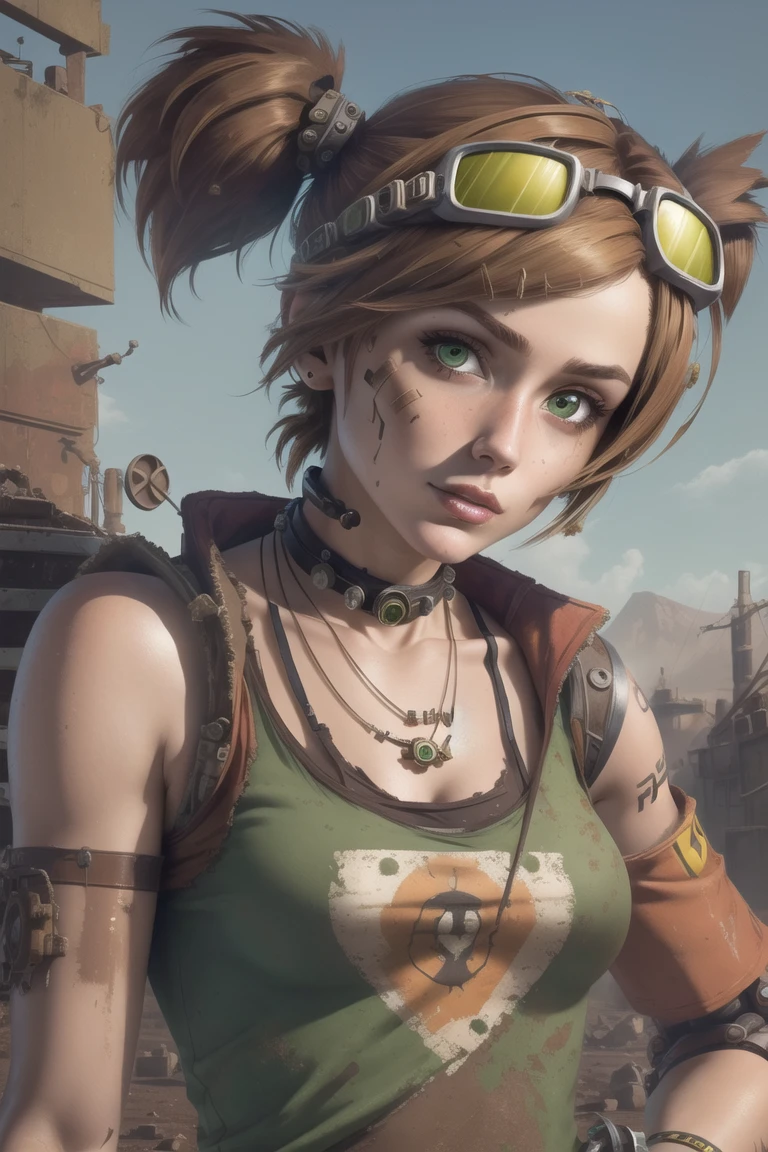 <lora:gaige:0.8>, gaige, masterpiece, best quality, 1girl, green eyes, solo, goggles, jewelry, twintails, brown hair, dirty, necklace, goggles on head, breasts, dirty face, bandaid, bandaid on face, robot, lips, prosthesis, sky, collar, choker, mechanical arms, upper body, small breasts, sign