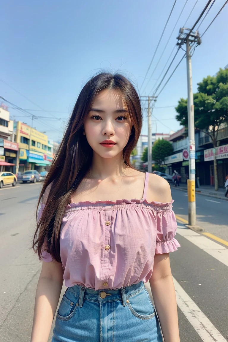 (best quality, masterpiece:1.2) , A Woman is posing ,((in Bangkok Street)), cityscape, (electric pole, wire:1.2), (scenery)