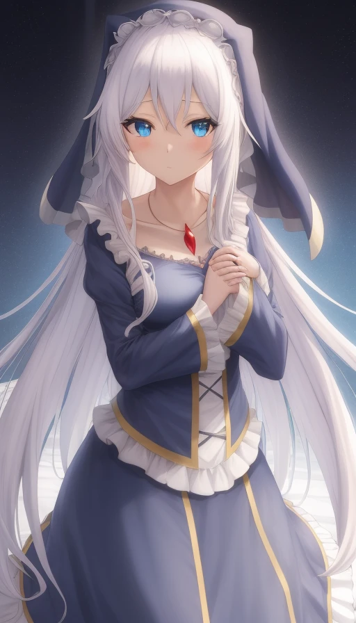 <lora:Eris-01:0.7>,,(animation),Dawn_Anime,masterpiece, best quality, 1girl,solo,Eris,blue eyes,long sleeves,dress, hair between eyes, jewelry, very long hair, collarbone, white hair, frills, necklace, frilled sleeves, nun,