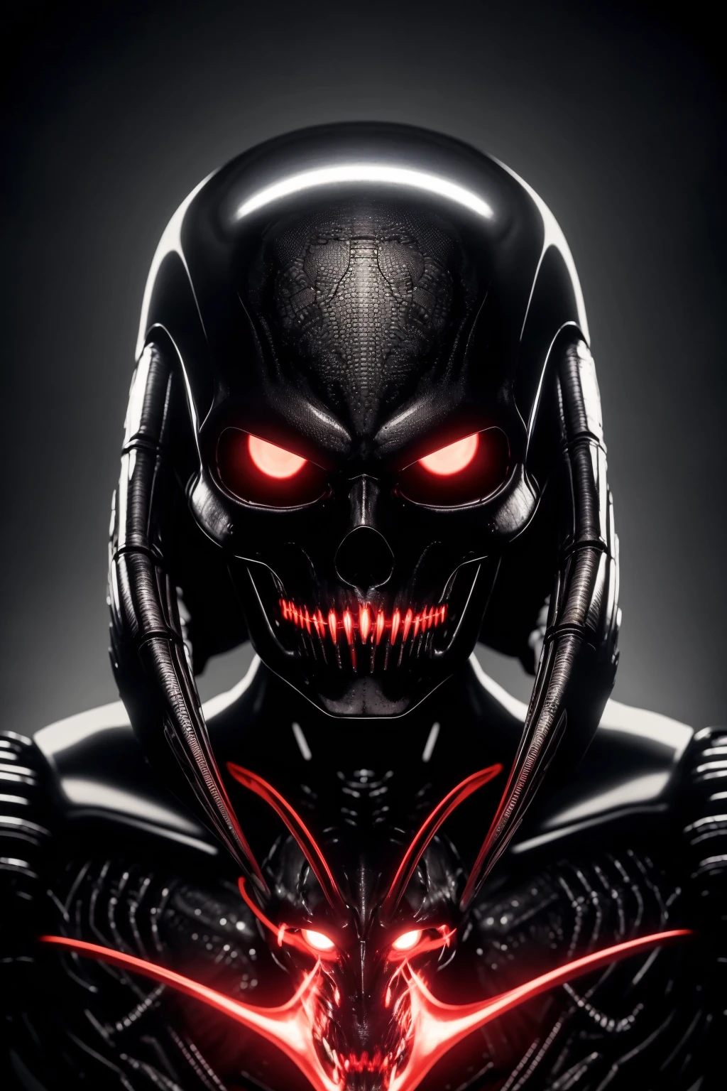upper body biomechanical helmet, skulls ,alien, red glowing eyes, elegant, intense, claws, veins, captured dramatic lighting, dynamic view, dynamic pose, (photorealistic, masterpiece:1.2), best quality, high resolution, beautiful detailed, extremely detailed, perfect lighting, hrgiger, (giger:1.2), (Nightmarish horror), Polaroid, Raw, [bokeh], shallow DOF, sharp eye focus, symmetrical