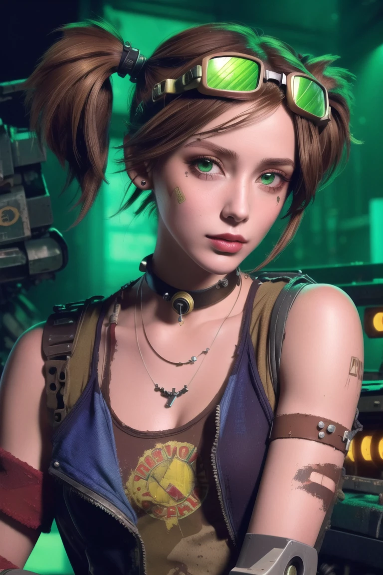 <lora:gaige:0.8>, gaige, masterpiece, best quality, 1girl, green eyes, solo, goggles, jewelry, twintails, brown hair, dirty, necklace, goggles on head, breasts, dirty face, bandaid, bandaid on face, robot, lips, prosthesis, sky, collar, choker, mechanical arms, upper body, small breasts, sign
