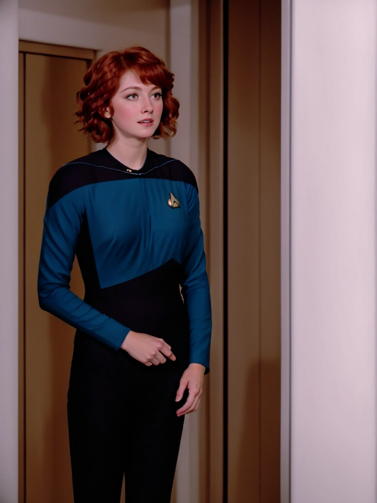 a young ginger woman with short hair in a science trekngs1 uniform, 8k uhd, dslr, soft lighting, high quality, film grain, higly detailed face,ultra detailed,masterpiece quality,Fujifilm XT3 <lora:STTNGV018:0.8>