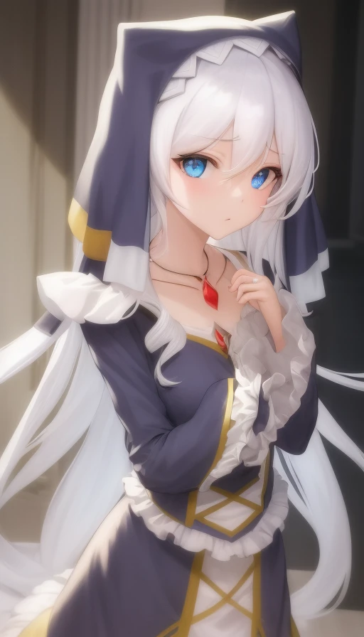 <lora:Eris-01:1>,masterpiece, best quality, 1girl,solo,Eris,blue eyes,long sleeves,dress, hair between eyes, jewelry, very long hair, collarbone, white hair, frills, necklace, frilled sleeves, nun,