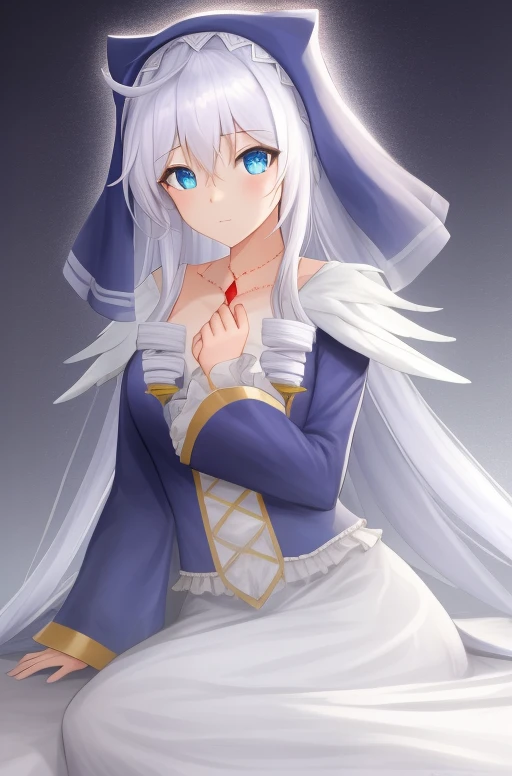 <lora:Eris-01:1.5>,masterpiece, best quality, 1girl,solo,Eris,blue eyes,long sleeves,dress, hair between eyes, jewelry, very long hair, collarbone, white hair, frills, necklace, frilled sleeves, nun,