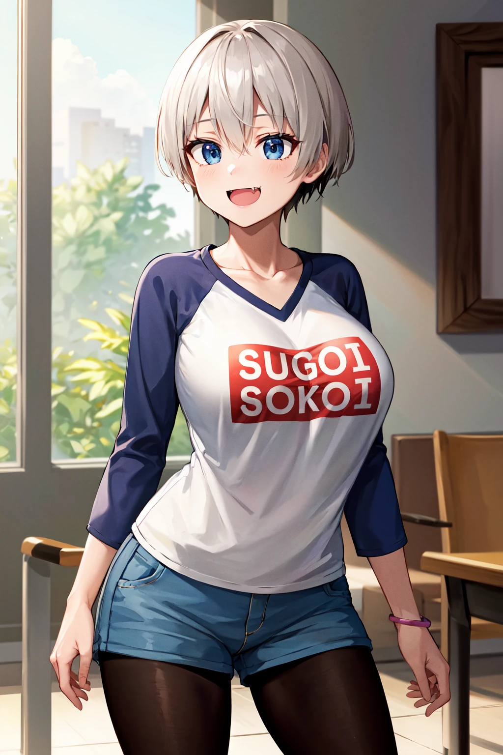 masterpiece, best quality, highres, uh1, shirt, raglan sleeves, romaji text, clothes writing, collarbone, long sleeves, denim shorts, pantyhose, fang, <lora:uzaki_hana:0.7>, cowboy shot, standing, smile