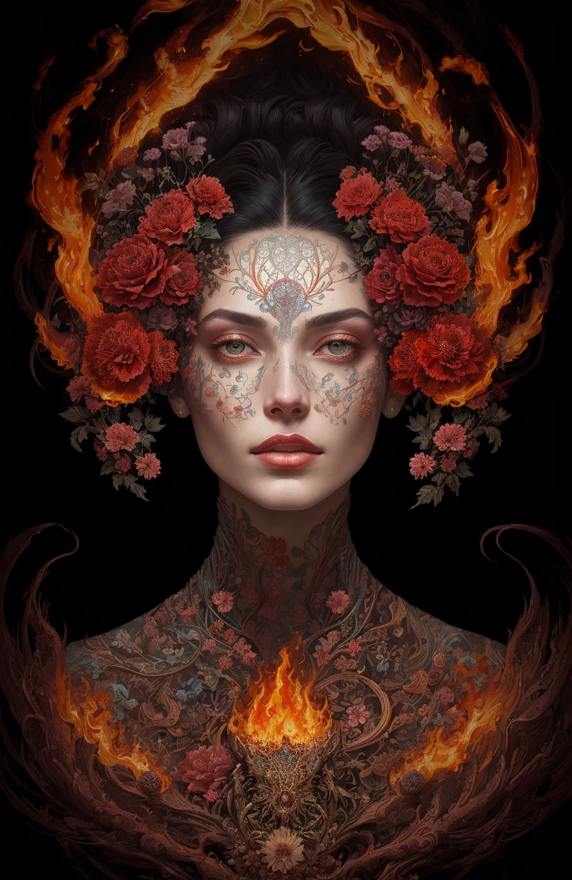 An ultra hd detailed painting of many different types of flowers by android jones, earnst haeckel, james jean. behance contest winner, generative art, baroque, intricate patterns, fractalism, movie still, photorealistic,Portrait of a beautiful woman surrounded by fire, portrait of beautiful young maiden, warhammer, some red water, the middle ages, highly detailed, artstation, illustration, sylvari portrait, 8 k quality, art by partick woodroof