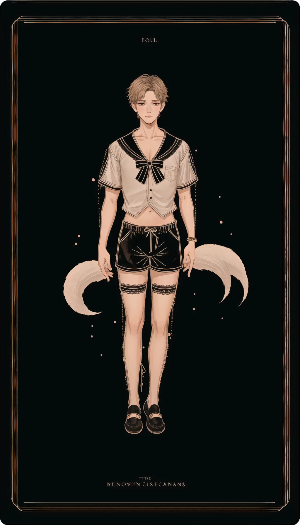 soul card, line, Lace, bow, fox , shorts, 1boy, <lora:soulcard-000002:1>