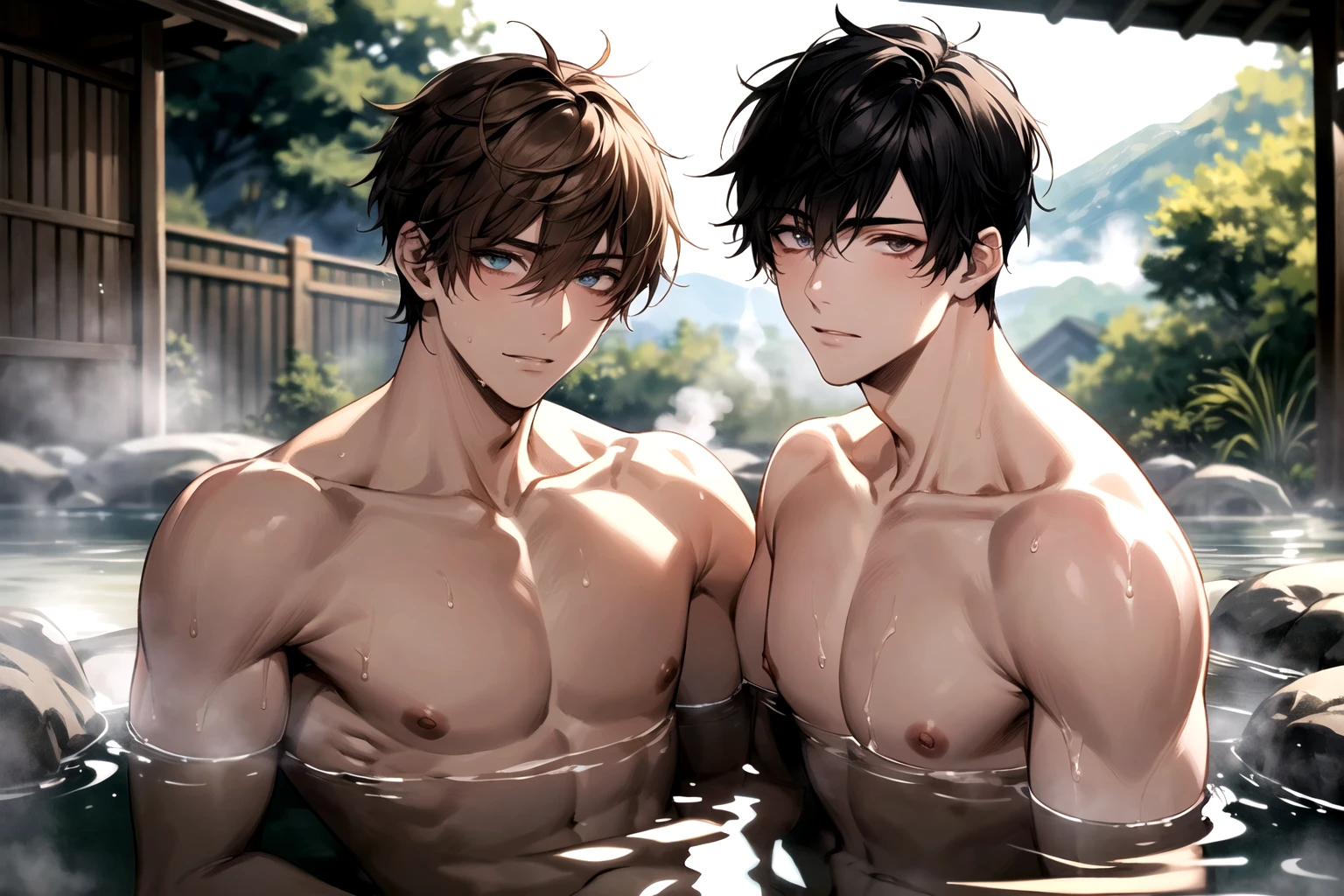 2boys, naked, completely nude, muscular, handsome, outdoor, bathing with steam, hot spring, onsen, sweat,  look at viewer, depth of field, bokeh,  detailed background, detailed lighting, diffused natural sunlight, diffused natural skin glow, symmetry eyes