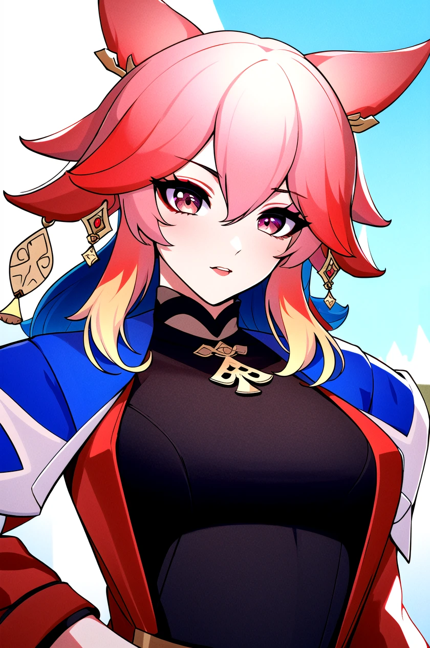 1girl, solo, (solo focus), modern dress, jacket, tech wear, multicolored eyes, colored eyelashes, multicolored eyes, makeup, abstract color pop, cat ears, animal ears, ( exceptional, best aesthetic, new, newest, best quality, masterpiece, extremely detailed:1.2), Yae Miko, (Genshin Impact)
