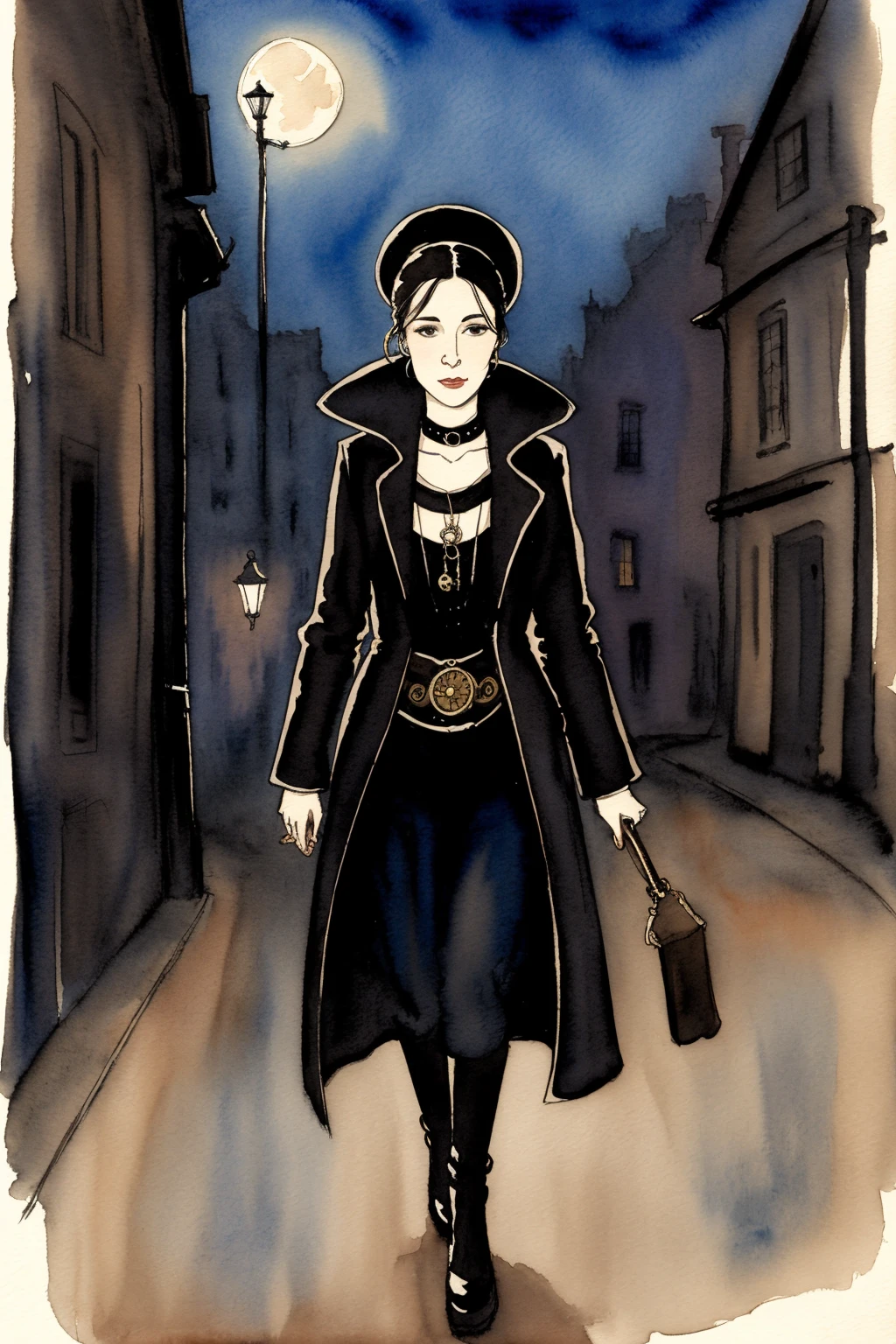 face portrait of 1 woman, long jacket, walking in the ally , moon light, steam punk dark room, dim light, watercolor painting art style of Mike Mignola