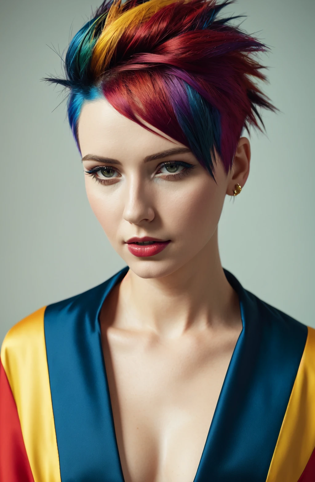 stunning intricate full color portrait, epic character composition, by ilya kuvshinov, alessio albi, nina masic, sharp focus, natural lighting, subsurface scattering, f2, 35mm, film grain, dark, rim lighting, two tone lighting, dimly lit, low key, ,<lora:epi_noiseoffset2:1>, analog style, modelshoot style, portrait of woman by Flora Borsi, style by Flora Borsi, bold, bright colours, rainbow Mohawk haircut, ((Flora Borsi))
