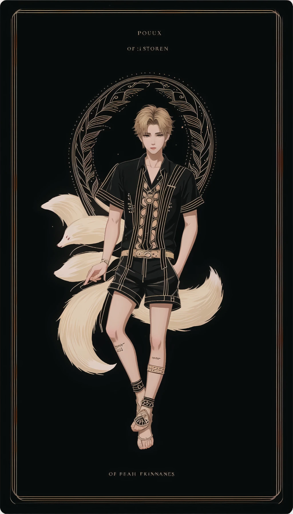 soul card, line, Lace, bow, fox , shorts, 1boy, <lora:soulcard-000002:1> <lora:zhansh-000008:0.6>