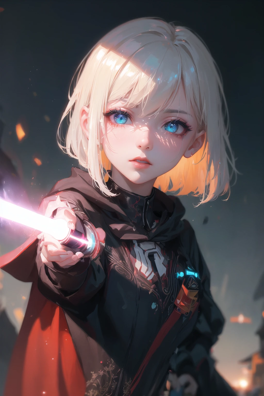 (Masterpiece:1.2), best quality, (illustration:1.2), (ultra-detailed),Eye focus,(Masterfully crafted Glow, pink lens flare), (Cinematic background), hyper details, (delicate detailed), (intricate details), octane render, hdr, (hyperdetailed:1.15), (((colourful))),(soft light:1.2), 1girl, beautiful girl, ultra detailed eyes, mature, plump, thick, rainbow painting drops, paint teardrops, woman made up from paint, entirely paint, splat, splash, outdoors, (bioluminescent hair:1.1),(glowing eyes), ((makeup)),(Cinematic masterpiece), fierce, powerful, splashes of colour absolutely eye-catching, (Cinematic headlight), ((caustic)), dynamic angle, beautiful detailed glow, ambient occlusion, ambient light, raytraced reflections,(best illumination, an extremely delicate and beautiful), ((cinematic light)), (soft:2),(Star wars:1.1), red lightsaber, chasing dreams, , (curious), (mysterious), (Exploring new world), (whimsical:2) , intricate background, vibrant, spirits, (display of strength),dreamscape, (force push:2), swirl, magic, (holding lightsaber:1.2), red eyes, hood and cloak, futuristic Armor, sci-fi, (Sith Lord :1.5), weapon in off hand, mask, black clothing, silver accent