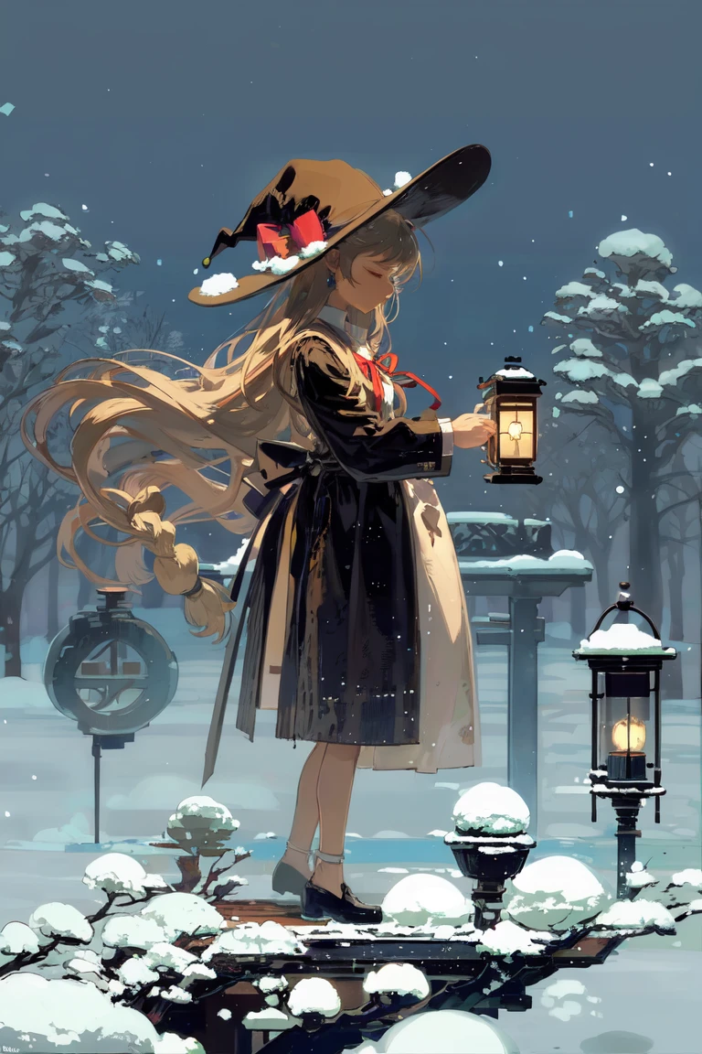 1girl, long hair, lantern, solo, holding lantern, hat, very long hair, snow, holding, ribbon, black headwear, red ribbon, long sleeves, apron, snowing, standing, bow, closed eyes, bangs, outdoors, witch hat, signature, night, neck ribbon, dress, from side, full body, stairs, brown hair, smile, closed mouth, black dress, blonde hair, tree, white apron, tassel, braid, white bow, floating hair, kirisame marisa, black footwear, winter, skirt, torii, profile, red bow, black skirt, wide sleeves, dappled sunlight,<lora:loahrenrustyle_noise:0.9>