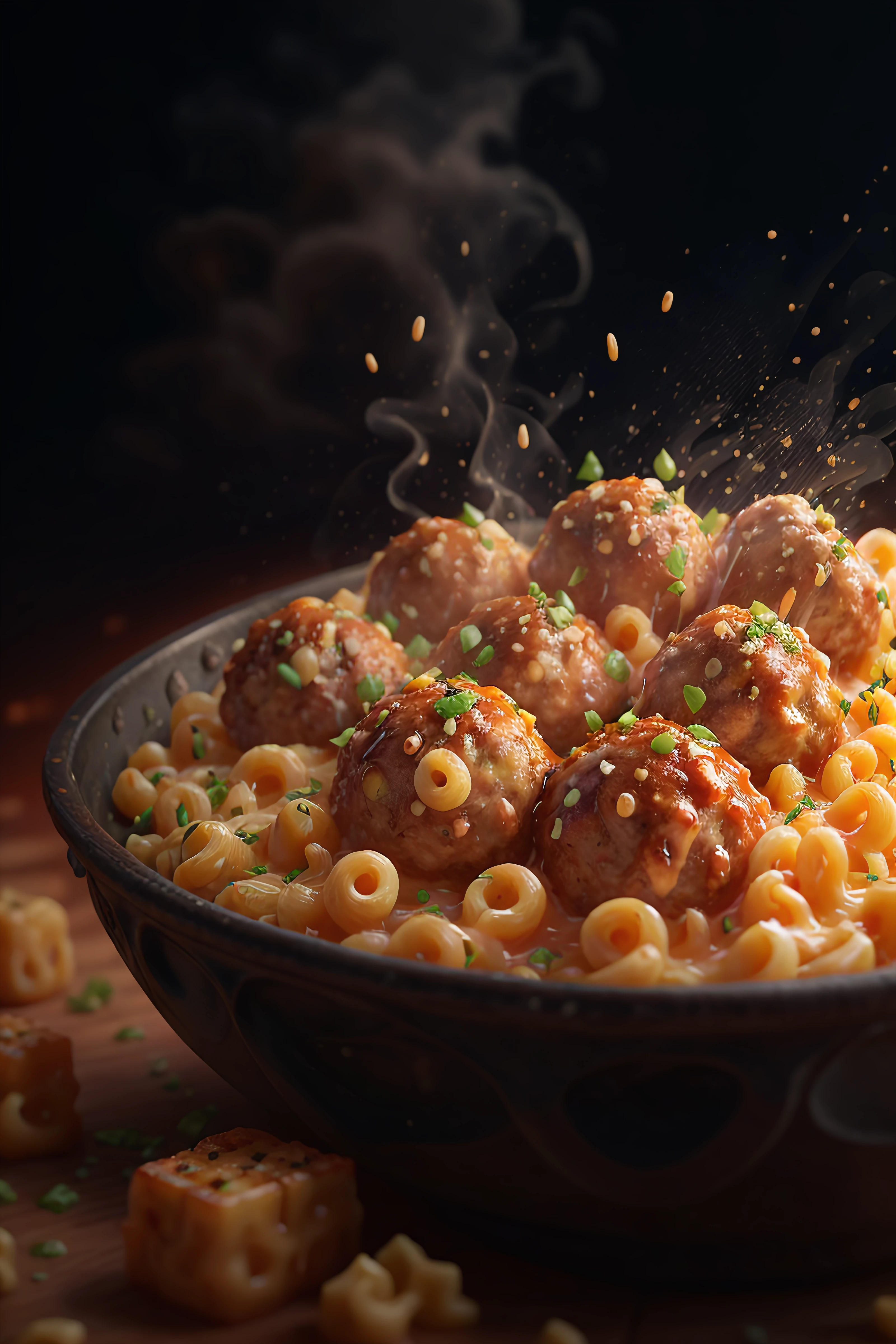 meatballs with mac and cheese,  highly stylized, 4k, unreal engine 5 render, food art, food photography, realistic render, smoke, mist, dramatic lighting, cinematic lighting, rule of thirds, depth of field, cinematic bloom, art by fodm4st3r  <lyco:fodm4st3r:0.6>