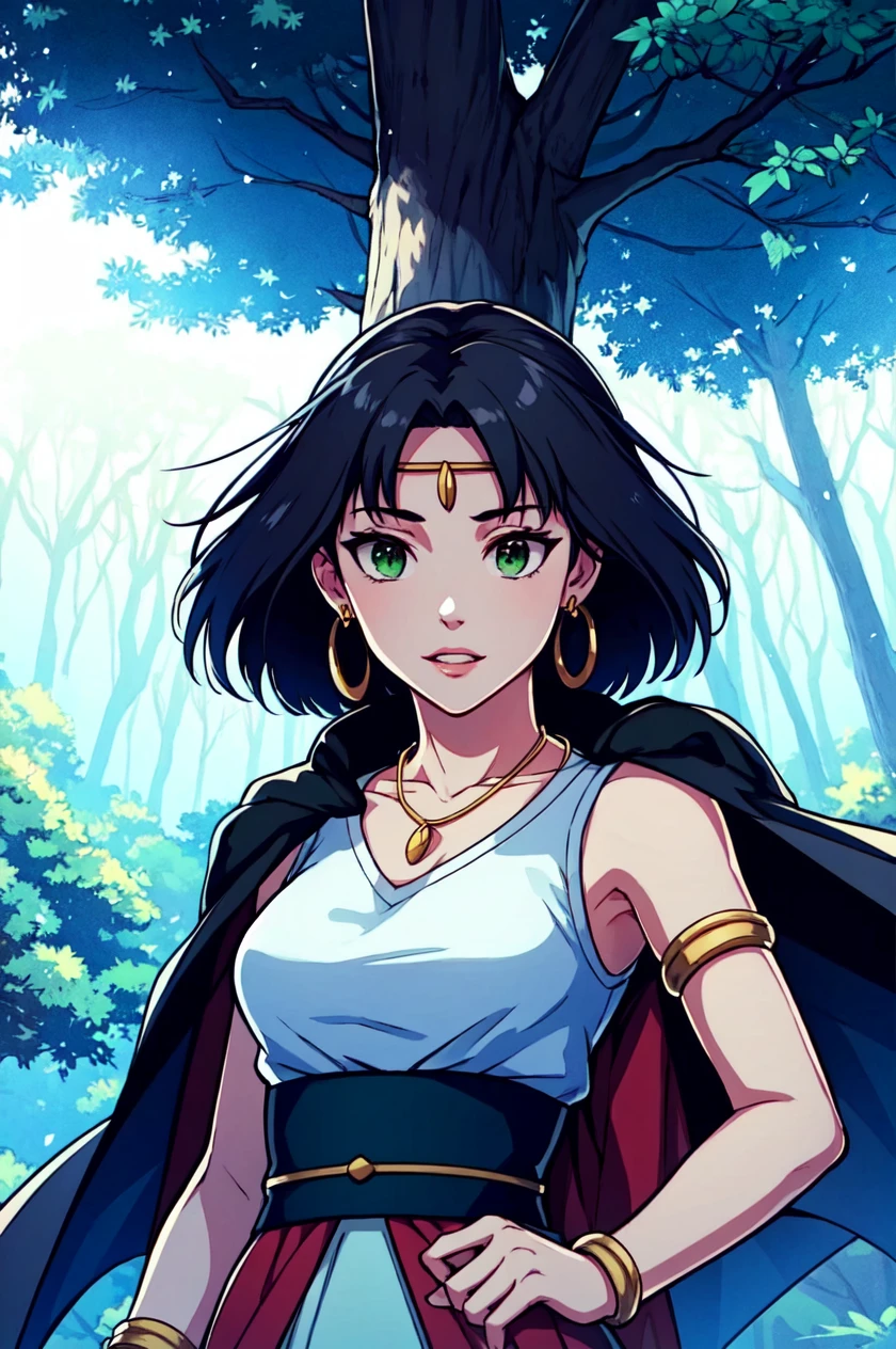 ghibli style, san \(mononoke hime\), 1girl, armlet, bangs, black hair, black undershirt, breasts, cape, circlet, earrings, facepaint, floating hair, forest, fur cape, green eyes, jewelry, looking at viewer, medium breasts, nature, necklace, outdoors, parted bangs, shirt, short hair, sleeveless, sleeveless shirt, solo, tooth necklace, tree, upper body, white shirt , ((masterpiece))