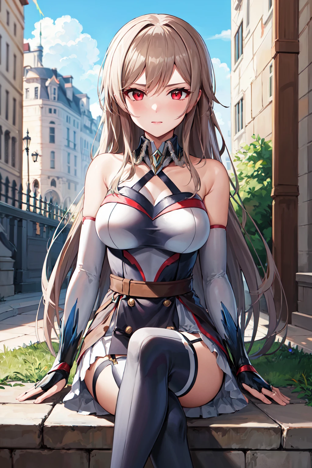 masterpiece, best quality, highres, fel1, bridal gauntlets, black thighhighs, bare shoulders, belt, garter straps, white dress, elbow gloves, <lora:furen_e_lustario_v10:0.7>, outdoors, sitting, crossed legs,