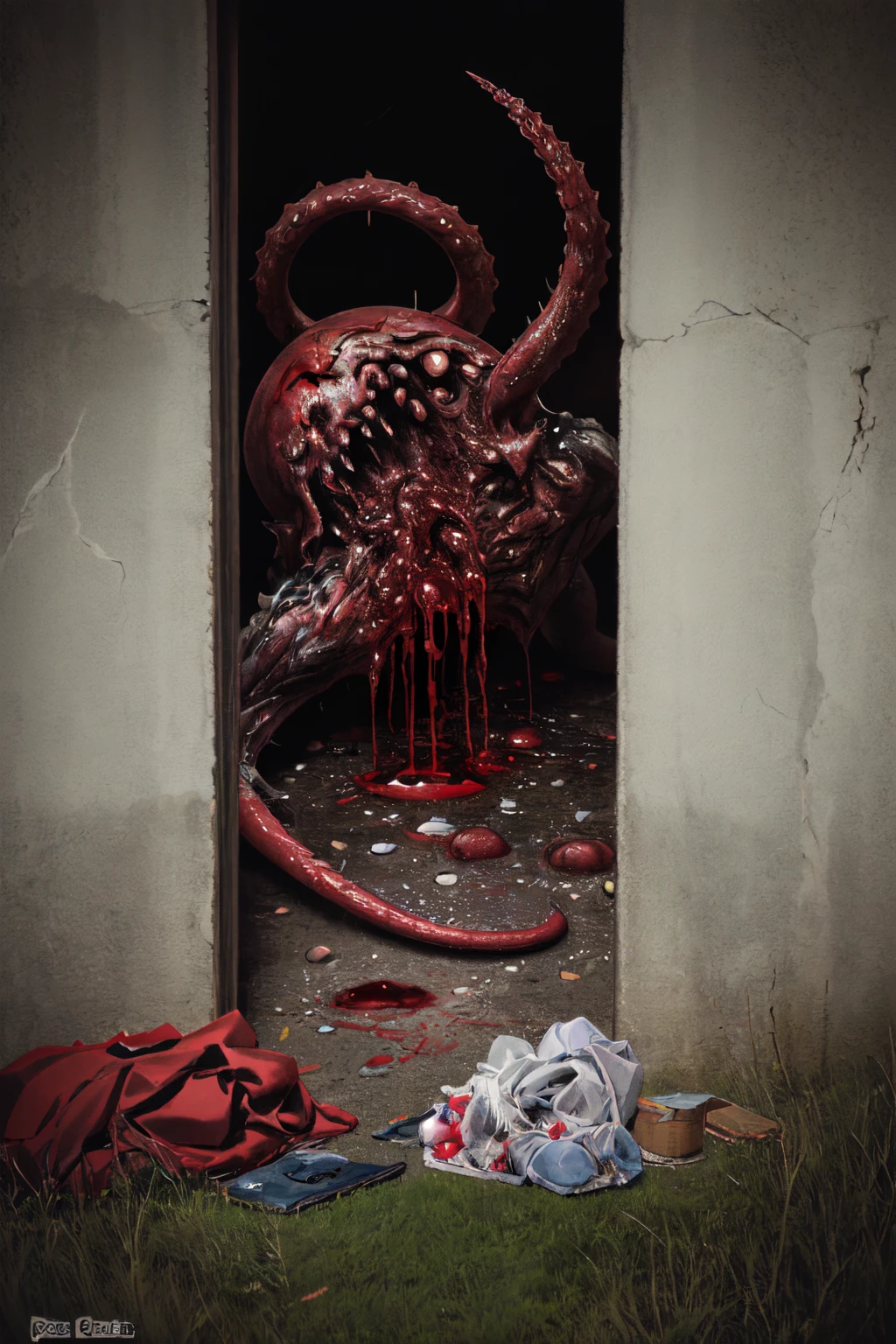 reelhorror,<lora:reelhorror2:1.1> creature, humanoid, dismembered body, spider legs, vertical mouth, drooling, looking at viewer, lying, pants, bag, blood, tentacles, monster, injury, blood, realistic, death, corpse, messy, outdoors, pov scene, pov, horror