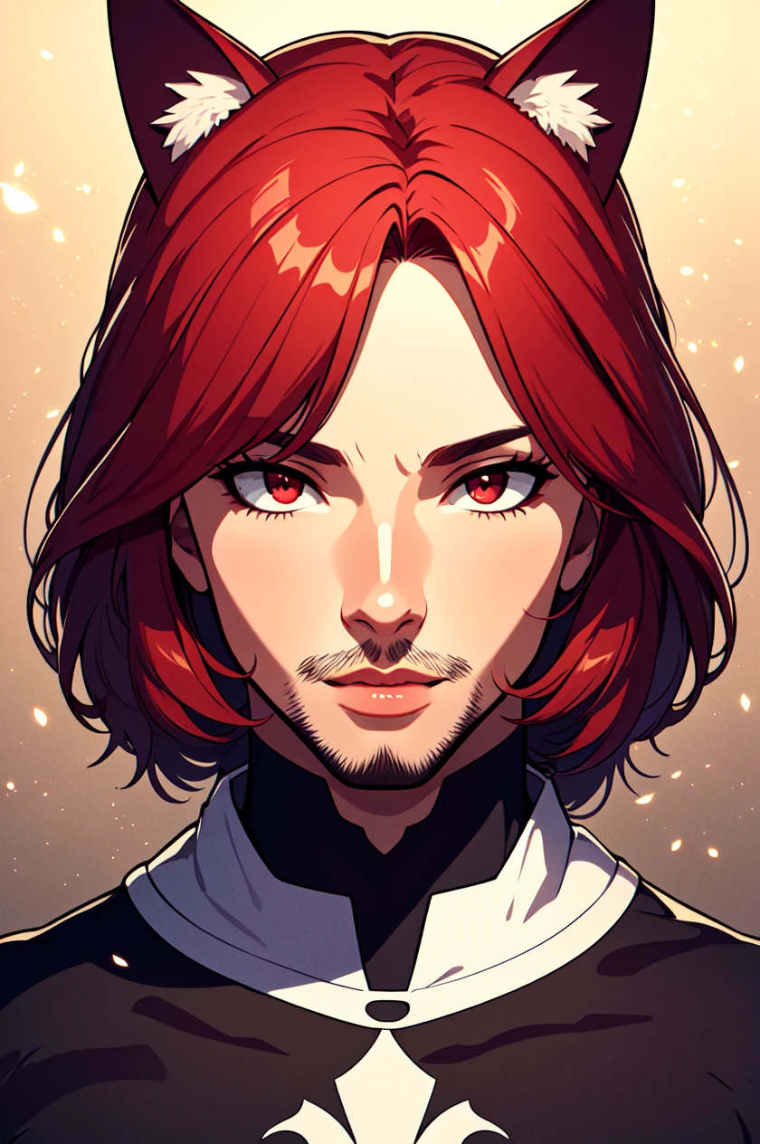 (masterpiece, best quality, ultra-detailed, highres, best illustration),perfect face, ((solo, solo focus)),sidelighting, lustrous skin,(bloom), (shine), ray tracing,animal ears, 1boy, solo, male focus,stubble, facial hair,red eyes , looking at viewer, beard, red hair, mustache, angel wings, lips,cat ears,depth_of_field,very detailed background,extreme light and shadow,(detailed eyes), (beautiful) beautiful detailed eyes, perfect lighting , perfect anatomy,(extremely detailed illustrated 8k wallpaper),(masterpiece), (best quality), (ultra-detailed), (best illustration),(best shadow) , vivid colors,