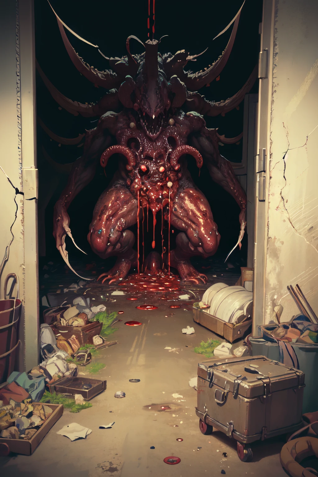 reelhorror,<lora:reelhorror2:1.1> creature, humanoid, dismembered, multiple arms, drooling, looking at viewer, blood, tentacles, monster, injury, blood, death, messy, indoor, pov scene, pov, horror