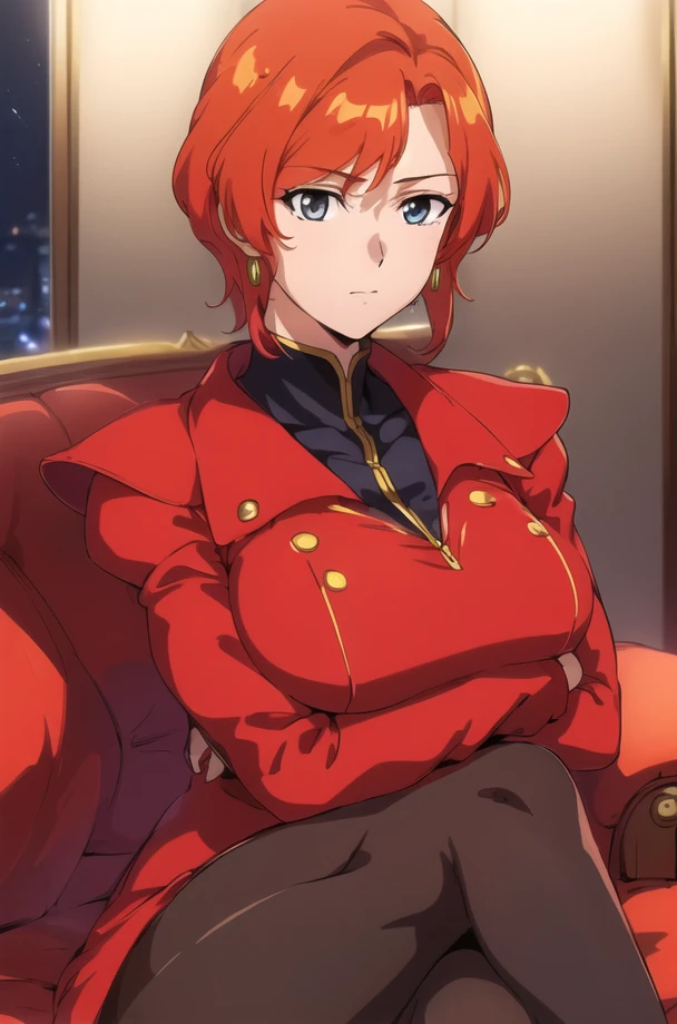 (Night:1.7), Cyberpunk_CityView, Before Window,
sitting at attention,sitting on couch,crossed arms,
red uniform,red jacket,military_uniform,military,long_sleeves,red_cape,Black_shirt,pantyhose,
<lora:Berah_Ronah_Crossbone-KK77-V1:0.7>,<lora:aiueOkaStyle_v10:0.1>, <lora:saiminSeishidou:0.1>,
orange_hair,short_hair,earrings, jewelry
1 girl, 25yo,mature female,Beautiful Finger,Beautiful long legs,Beautiful body,Beautiful Nose,Beautiful character design, perfect eyes, perfect face,
looking at viewer, (innocent_big_eyes:1.0),(expressionless:1.3),
NSFW,official art,extremely detailed CG unity 8k wallpaper, perfect lighting,Colorful, Bright_Front_face_Lighting,
(masterpiece:1.0),(best_quality:1.0), ultra high res,4K,ultra-detailed,
photography, 8K, HDR, highres, absurdres:1.2, Kodak portra 400, film grain, blurry background, bokeh:1.2, lens flare, (vibrant_color:1.2)
(Beautiful,large_Breasts:1.4), (beautiful_face:1.5),(narrow_waist),