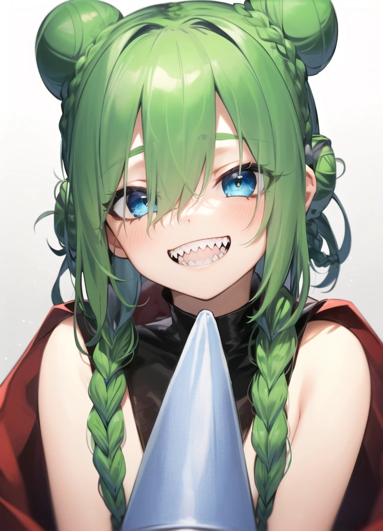 best quality, close-up, face portrait, sharp teeth, teeth, 1girl, serious, grin, solo, looking at viewer, light blue eyes, long eyelashes, deep detailed eyes, (braid, cone hair bun, hair over eyes:1.3), green hair, hair ornament