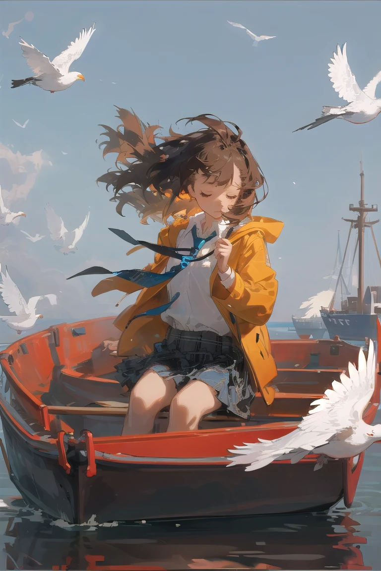 1girl, bird, watercraft, boat, solo, brown hair, skirt, sitting, outdoors, long hair, sky, shirt, jacket, blue sky, holding, white shirt, water, seagull, bag, necktie, closed eyes, plaid skirt, pleated skirt, long sleeves, collared shirt, wind, plaid, day, instrument, school uniform, floating hair, music, hood down, hood, closed mouth, playing instrument, bangs, medium hair, yellow jacket, swing, ship, coat, scenery, flock, holding instrument, white bird
 <lora:loahrenrustyle_noise-000018:0.8>