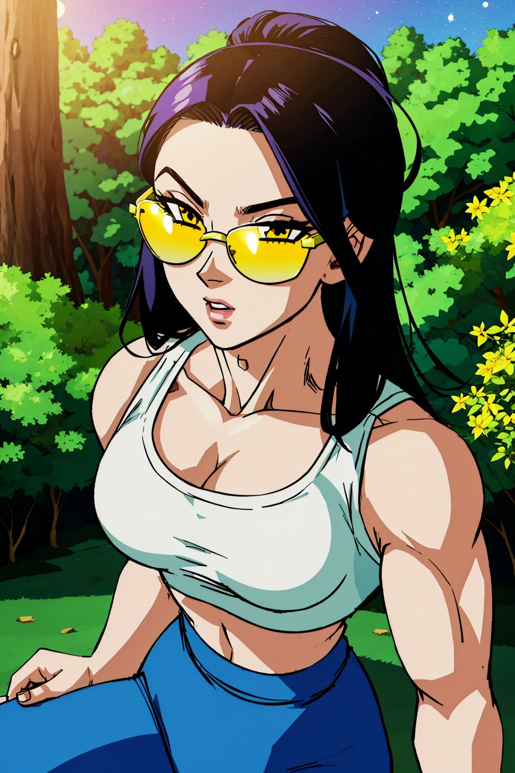 woman, agfc, bodybuilder, <lora:agfc-v2:1>, anime absurdres illustration, drawing, (lineart:0.6), from_above, crop top, detailed face, yellow bodycon tank top, black hair, park, sky, trees, pale skin, moonlight, stars, 1girl, statement sunglasses, woman,petite, vivid colors, bokeh background, subject for emphasis,dramatic colors,, dbsuper style ,<lora:dbsuper_style_offset:1>