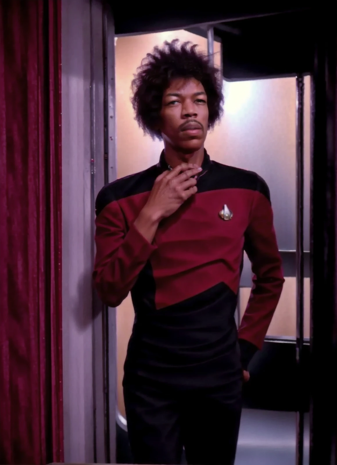 Jimi Hendrix in a red and black command s3sttngsuit uniform , 8k uhd, dslr, soft lighting, high quality, film grain,masterpiece quality,Fujifilm XT3<lora:STTNGV018:0.9>  <lora:j1m1h3ndr1x_v1.0:0.8>