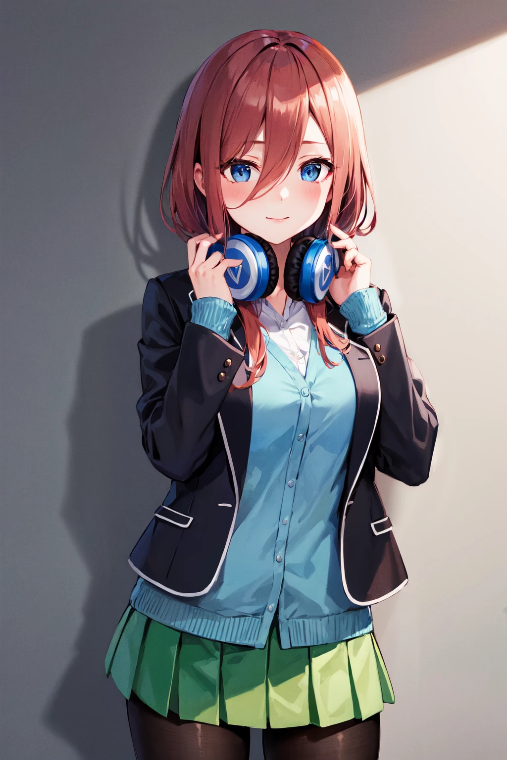 masterpiece, best quality, highres, nm1, headphones around neck, school uniform, long sleeves, blue cardigan, green skirt, pantyhose, black jacket, open jacket, <lora:nakano_miku_v10:0.7>, cowboy shot, standing