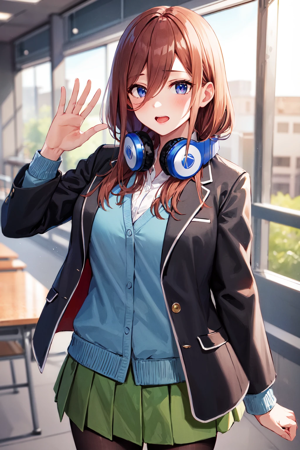 masterpiece, best quality, highres, nm1, headphones around neck, school uniform, long sleeves, blue cardigan, green skirt, pantyhose, black jacket, open jacket, <lora:nakano_miku_v10:0.7>, cowboy shot, standing, waving