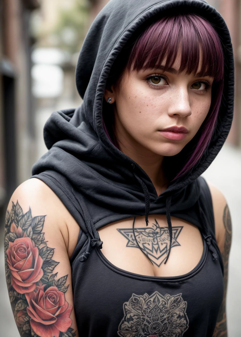 best quality, masterpiece, RAW photo, photorealistic, detailed, woman, hoodie, arm tattoo, portrait, asymmetrical bangs, bandaid, short hair, bangs, breasts, freckles, grey eyes, large breasts, looking at viewer, neck tattoo, nose piercing, pink hair, solo, tattoo on face, upper body, detailed background, town, alley, dark alley, portrait, hood on head, night, angry, close up, closed mouth, masterpiece, absurdres