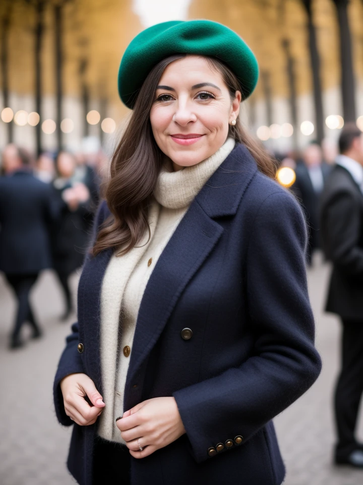 professional portrait photo of a woman in a beret and mohair jacket on the streets of paris, bokeh